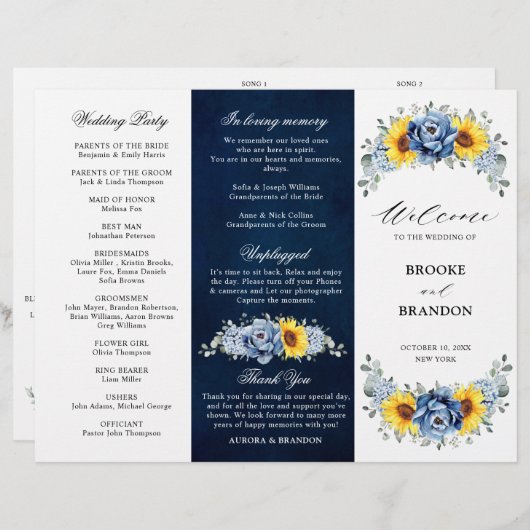 Sunflower Dusty Blue Slate Peony Wedding Programme (Voorkant / Achterkant)