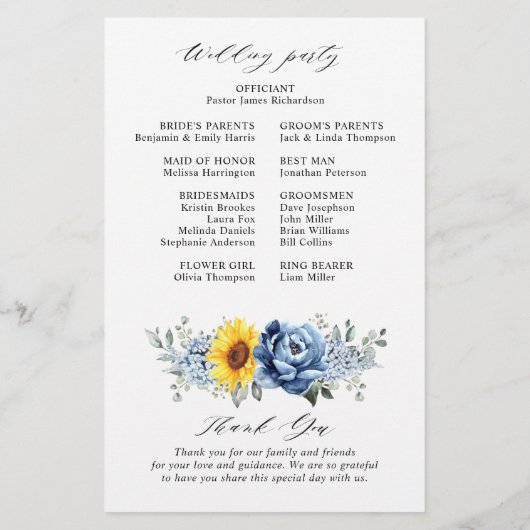 Sunflower Dusty Blue Slate Peony Wedding Programme (Achterkant)