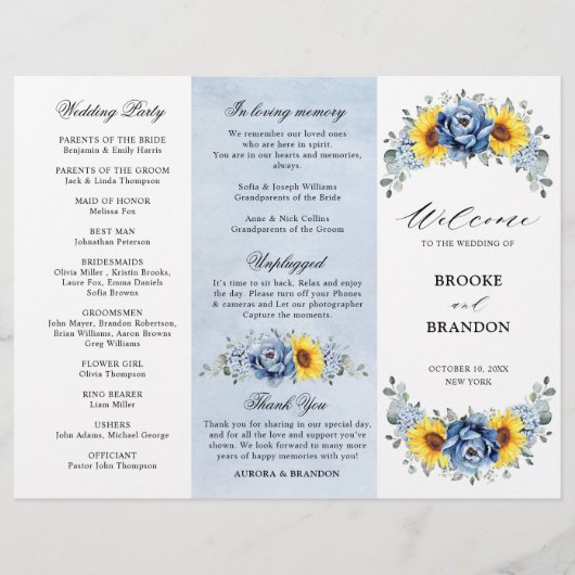 Sunflower Dusty Blue Slate Peony Wedding Programme (Voorkant)