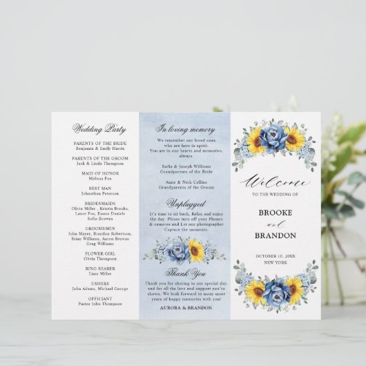 Sunflower Dusty Blue Slate Peony Wedding Programme (Staand voorkant)