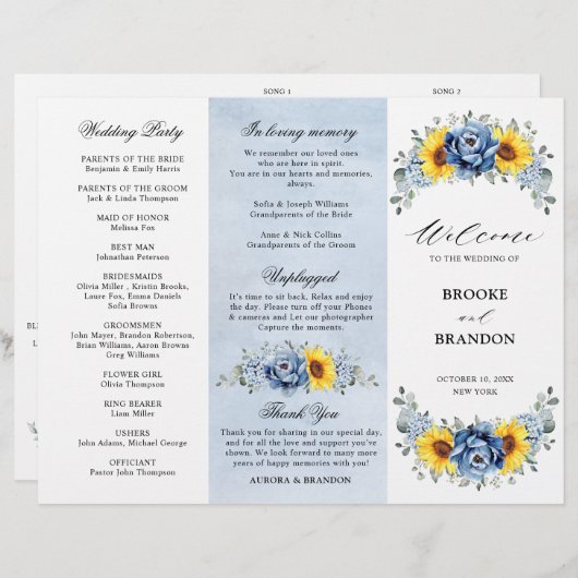 Sunflower Dusty Blue Slate Peony Wedding Programme (Voorkant / Achterkant)