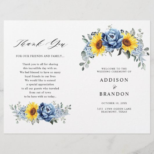Sunflower Dusty Blue Slate Peony Wedding Programme (Voorkant)
