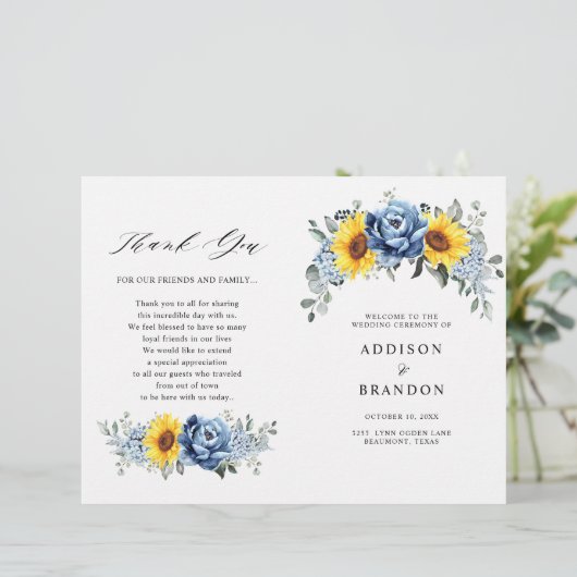 Sunflower Dusty Blue Slate Peony Wedding Programme (Staand voorkant)