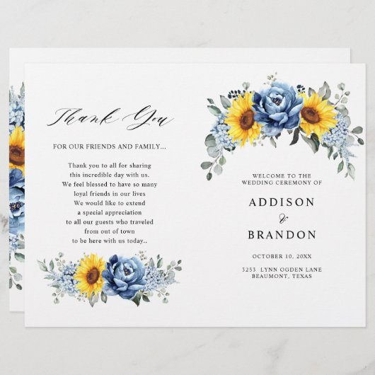 Sunflower Dusty Blue Slate Peony Wedding Programme (Voorkant / Achterkant)
