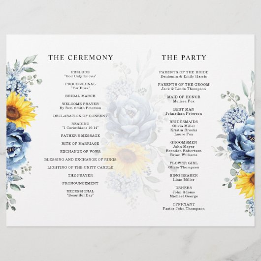 Sunflower Dusty Blue Slate Peony Wedding Programme (Achterkant)