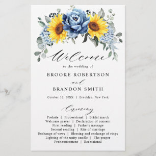 Sunflower Dusty Blue Slate Peony Wedding Programme