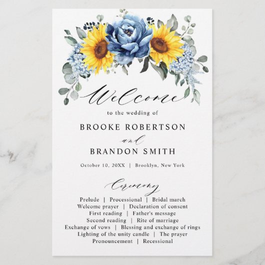 Sunflower Dusty Blue Slate Peony Wedding Programme (Voorkant)