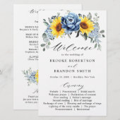 Sunflower Dusty Blue Slate Peony Wedding Programme (Voorkant / Achterkant)