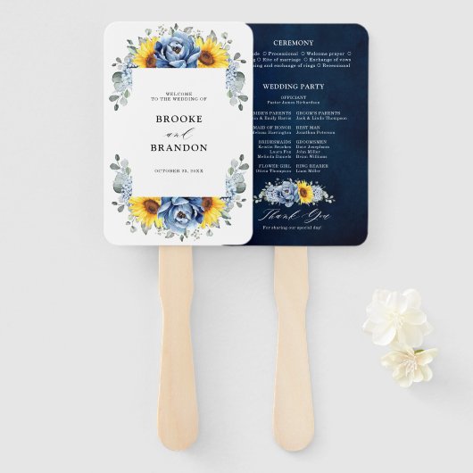 Sunflower Dusty Blue Slate Peony Wedding Programme Handwaaier (Voorkant en achterkant)