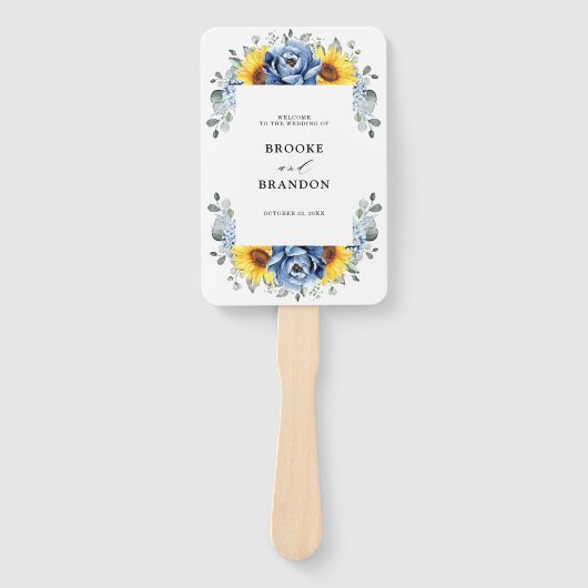 Sunflower Dusty Blue Slate Peony Wedding Programme Handwaaier (Voorkant)