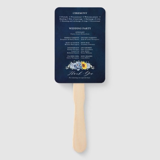Sunflower Dusty Blue Slate Peony Wedding Programme Handwaaier (Achterkant)