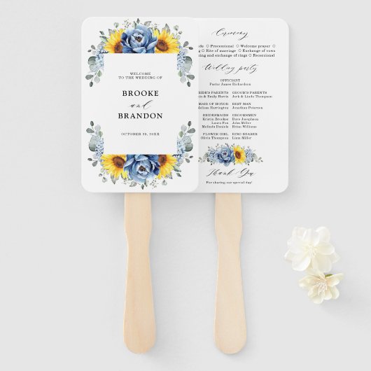 Sunflower Dusty Blue Slate Peony Wedding Programme Handwaaier (Voorkant en achterkant)