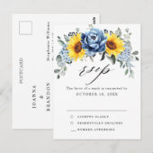 Sunflower Dusty Blue Slate Peony Wedding RSVP Briefkaart (Voorkant / Achterkant)