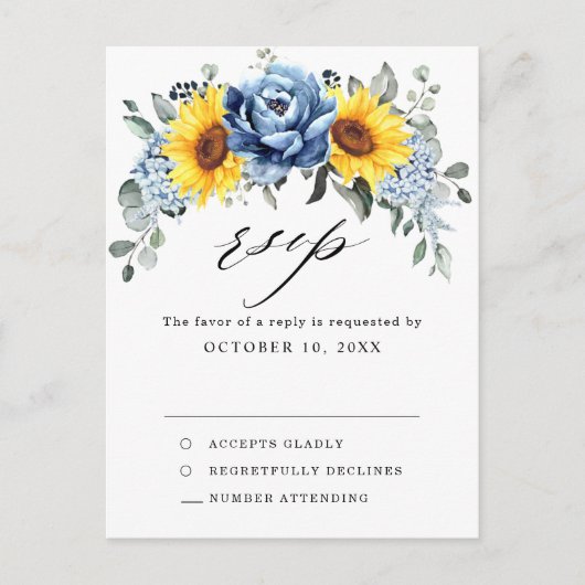 Sunflower Dusty Blue Slate Peony Wedding RSVP Briefkaart (Voorkant)
