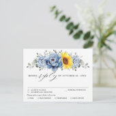 Sunflower Dusty Blue Slate Peony Wedding RSVP Briefkaart (Staand voorkant)