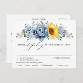 Sunflower Dusty Blue Slate Peony Wedding RSVP Briefkaart (Voorkant / Achterkant)