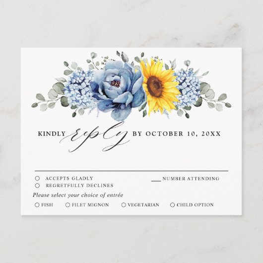 Sunflower Dusty Blue Slate Peony Wedding RSVP Briefkaart (Voorkant)