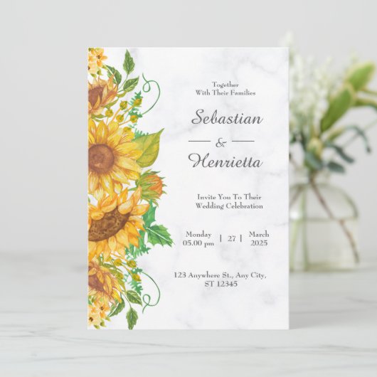 Sunflower Elegant Rustic Gold Wedding-uitnodiging Kaart (Staand voorkant)