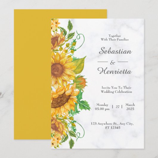 Sunflower Elegant Rustic Gold Wedding-uitnodiging Kaart (Voorkant / Achterkant)