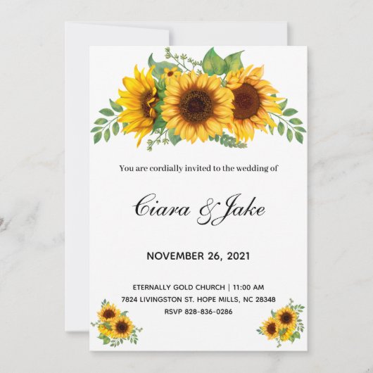 Sunflower Elegant Rustic Wedding Invitation Kaart (Voorkant)