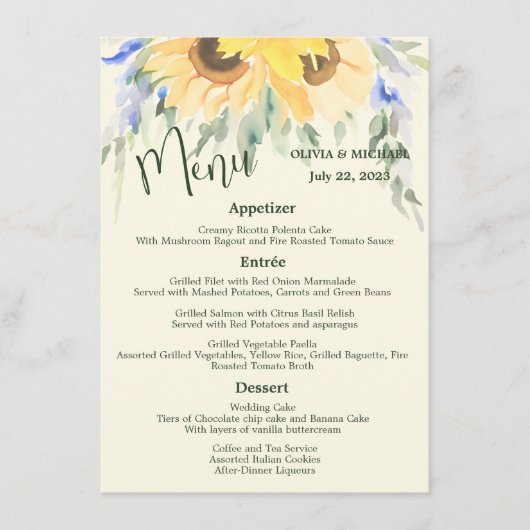 Sunflower Elegant Waterverf Wedding Menu (Voorkant)