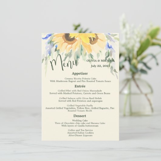 Sunflower Elegant Waterverf Wedding Menu (Staand voorkant)