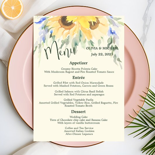 Sunflower Elegant Waterverf Wedding Menu