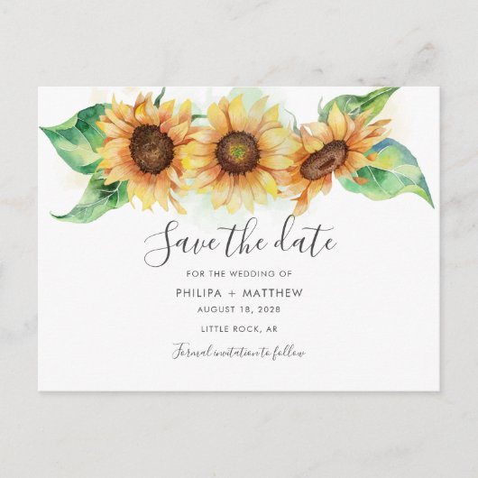 Sunflower Elegant Waterverf Wedding Save the Date Aankondigingskaart (Voorkant)