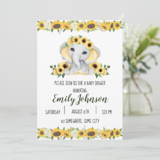 Sunflower Elephant baby shower Invitation (Staand voorkant)