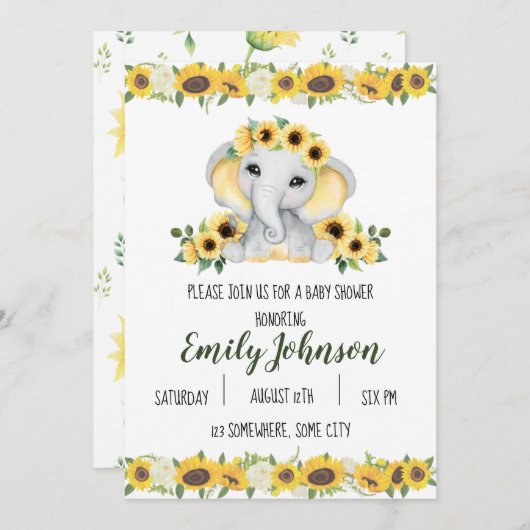 Sunflower Elephant baby shower Invitation (Voorkant / Achterkant)