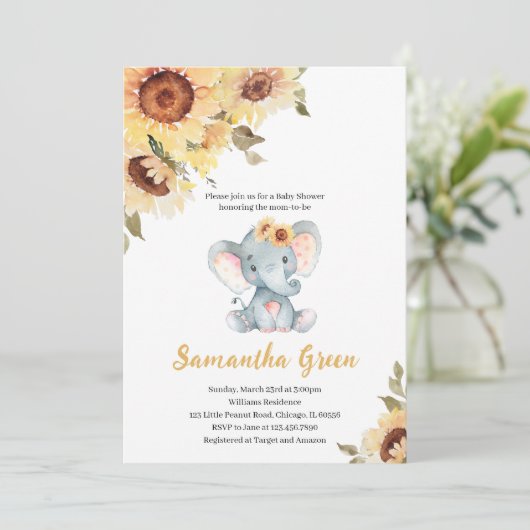 Sunflower Elephant Baby Shower Kaart (Staand voorkant)