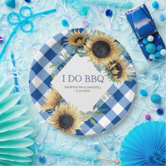 Sunflower en Blue Gingham I Do BBQ Papieren Bordje (Feest)