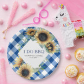 Sunflower en Blue Gingham I Do BBQ Papieren Bordje (Feest)