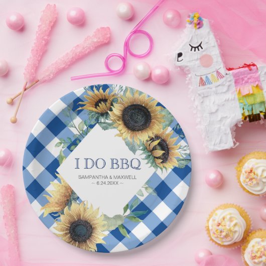 Sunflower en Blue Gingham I Do BBQ Papieren Bordje (Feest)