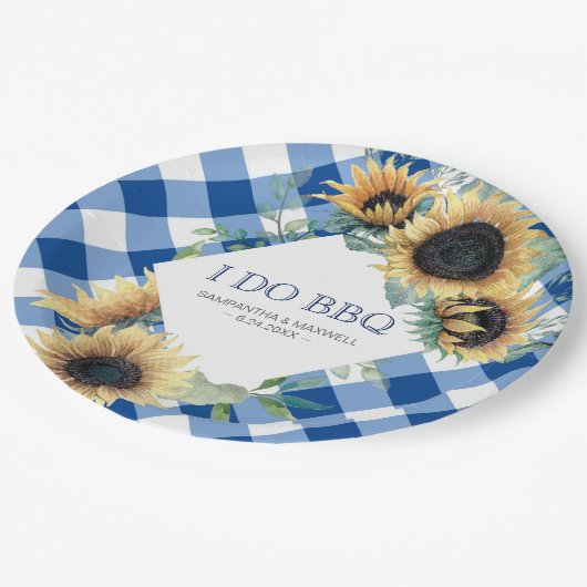 Sunflower en Blue Gingham I Do BBQ Papieren Bordje (Gekanteld)
