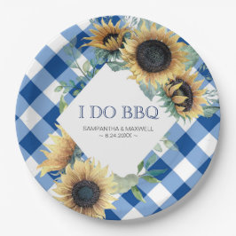 Sunflower en Blue Gingham I Do BBQ Papieren Bordje