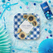 Sunflower en Blue Gingham I Do BBQ Papieren Bordje (Feest)