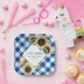 Sunflower en Blue Gingham I Do BBQ Papieren Bordje (Feest)