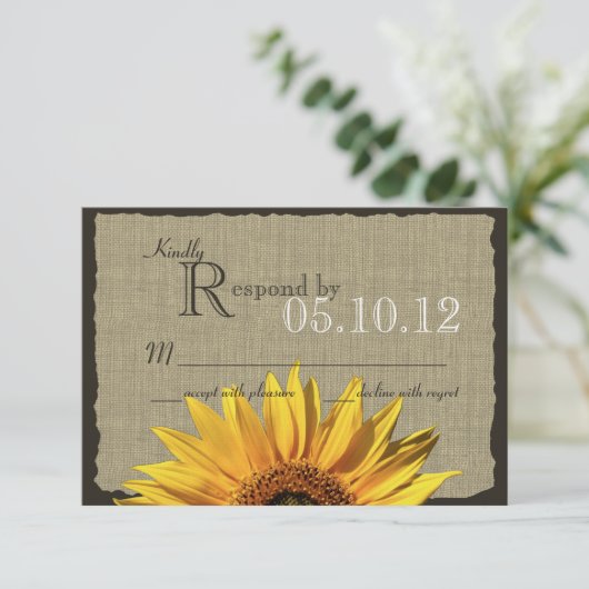 Sunflower en Burlap reactie RSVP Kaartje (Staand voorkant)
