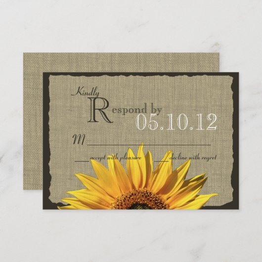 Sunflower en Burlap reactie RSVP Kaartje (Voorkant / Achterkant)