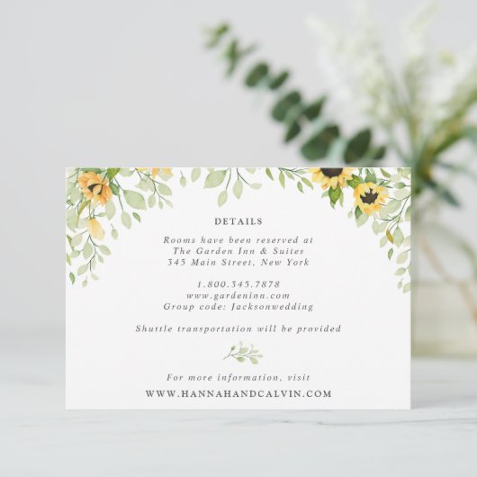 Sunflower en Greenery Wedding Details Card Kaart (Staand voorkant)