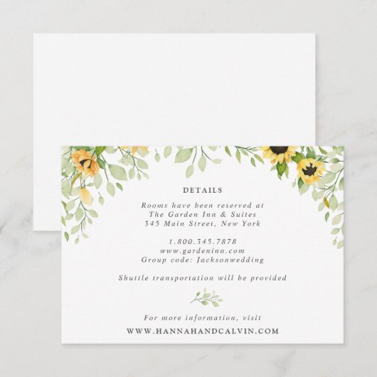 Sunflower en Greenery Wedding Details Card Kaart (Voorkant / Achterkant)