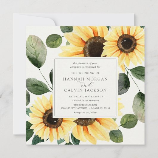 Sunflower en Greenery Wedding Invitation Kaart (Voorkant)