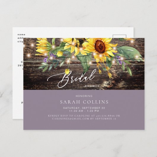 Sunflower en Lavender Rustic Vrijgezellenfeest Inv Uitnodiging Briefkaart (Voorkant / Achterkant)