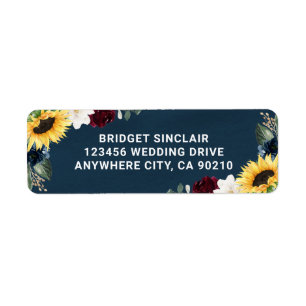 Sunflower en Navy Blue Magnolia Burgundy Wedding Etiket