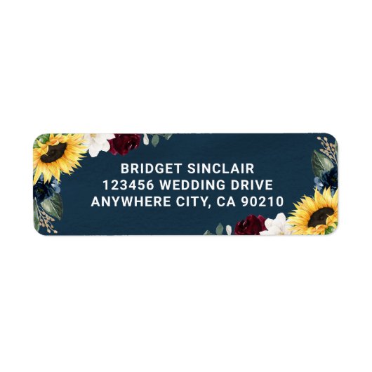 Sunflower en Navy Blue Magnolia Burgundy Wedding Etiket (Voorkant)