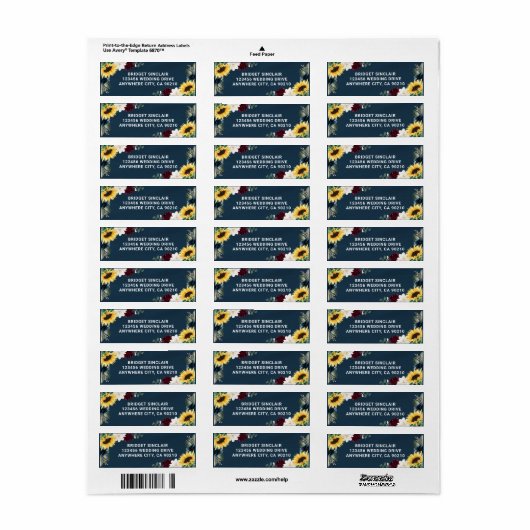 Sunflower en Navy Blue Magnolia Burgundy Wedding Etiket (Full Sheet)