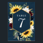 Sunflower en Navy Blue Magnolia Burgundy Wedding Kaart<br><div class="desc">Design beschikt over elegante waterverf zonnebloemen,  bordeaux rode en marineblauwe rozen,  witte magnolia en verschillende soorten groen met een bedrukt goudkleurig lijst over een marineblauwe getextureerde/ontworpen waterverf achtergrond.</div>