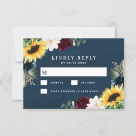 Sunflower en Navy Blue Magnolia Burgundy Wedding RSVP Kaartje