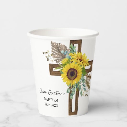 Sunflower & Eucalyptus Boho Cross Baptism Papieren Bekers (Voorkant)